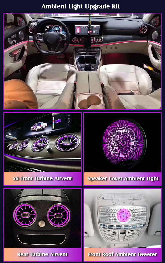 Image has 5 sections 1st section shows Full dashboard with 64 color kit installed, 2nd section shows Front Turbine Air Vents, 3rd section shows Speaker cover ambient light, 4th section has Two Rear Turbine Air Vent and 5th section has Front roof ambient tweeter