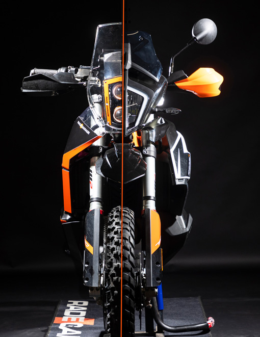 shown  front of the bike with fairing kit and tanks set installed on KTM 790/890